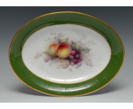 A Royal Worcester oval dish, painted by George Cole, signed, with ripe peaches and blackberries, green border, 23cm wide, pri