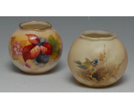 A Royal Worcester wrythen globular vase, painted by Kitty Blake, signed, with black berries and autumn foliage, 7.5cm high, c