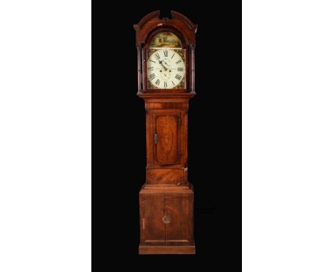 A George IV oak and mahogany longcase clock, 36cm arched painted dial inscribed Anderton, Huddersfield, Roman numerals, the a