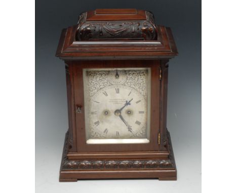 A Chippendale Revival mahogany bracket clock, 12.5cm rectangular silvered dial inscribed Goldsmiths Co, 112 Regent Street, Lo