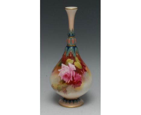 A Royal Worcester bottle vase, in the manner of James Hadley, painted with cabbage roses, the neck and base in relief with st