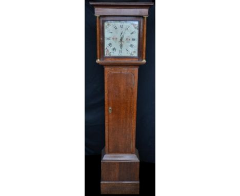 A George III oak longcase clock, 30cm square painted dial with Roman and subsidiary Arabic numerals, flowers to spandrels, su