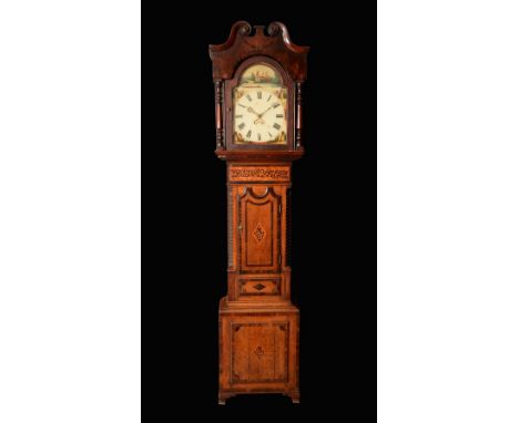 A William IV oak, mahogany, burr maple and marquetry longcase clock, 29.5cm arched painted dial inscribed with Roman numerals