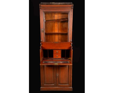 Maritime Furniture - a 19th century mahogany ship's cabin secretaire bookcase, dentil cornice above a bevelled glazed rectang