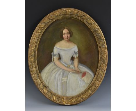 English Provincial School (mid-19th century)Portrait of a Lady, three-quarter length, seated in a white ball gown, holding a 