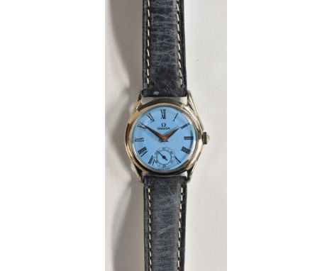 Omega - a vintage 1940's wristwatch, pale blue dial. bold Roman numerals, subsidiary seconds, ridged hands, stainless steel c