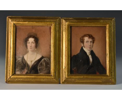 English School (second quarter, 19th century), a pair of portrait miniatures, a matrimonial couple, bust-length, the gentlema