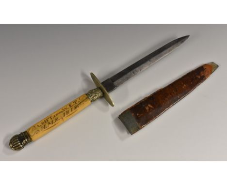 A 19th century sailor's folk art midshipman's dirk, 12cm blade by Edward Barnes & Sons, Sheffield, the ivory 'scrimshaw' hilt