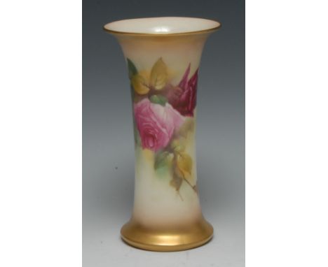A Royal Worcester flared cylindrical vase, pained by E**Spilsbury, signed, with pink and red cabbage roses, burnished gilt bo