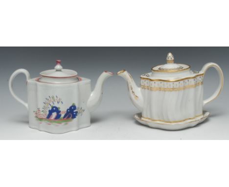 A Newhall commode shaped teapot, cover and stand, pattern 198, decorated gilt band with stylised foliage, the shoulder with c