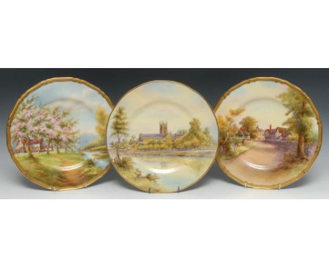 A Royal Worcester cabinet plate, painted possibly by Raymond Rushton, with Apple Blossom Old Storridge Worcestershire, 27.5cm