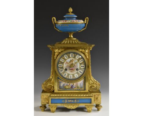 A 19th century French porcelain mounted gilt metal mantel clock, 10.5cm dial inscribed with Roman numerals, 14-day Miroy-Requ