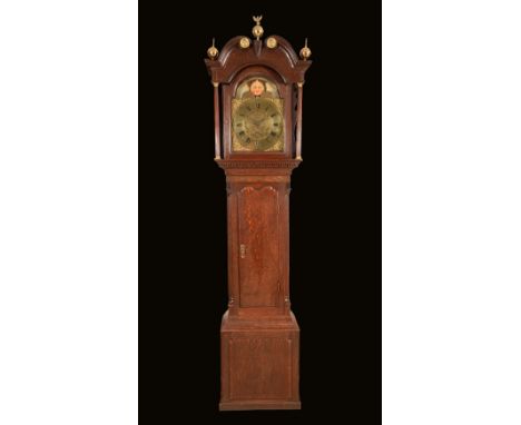 A George III oak longcase clock, 30cm square brass dial inscribed Pattison, Halifax, Roman and subsidiary Arabic numerals, ro