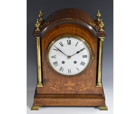 An Edwardian mahogany and marquetry bracket clock, 14cm convex dial inscribed with Roman numerals, twin winding holes, eight 