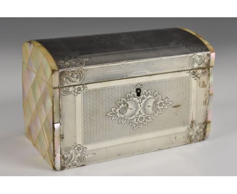 A 19th century silver mounted mother of pearl domed rectangular casket, engine turned and engraved with flowers, foliage and 
