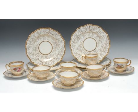 A Flight Barr and Barr Worcester part dessert and tea service, comprising five plates, six saucers, seven various cups, decor