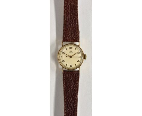 Omega - a 1940's 9ct gold cased wristwatch, cream dial, alternating Arabic numerals and arrow baton markers, minute track, ce