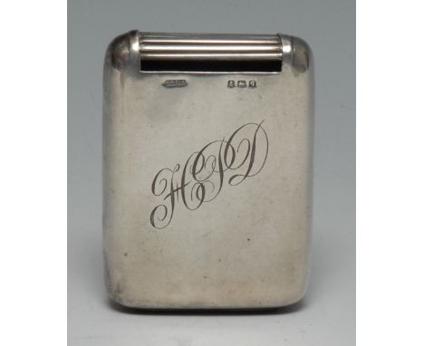 A George V silver rounded rectangular patent tambour top vesta case, slide-action mechanism, 6.5cm long, R H Jones & Sons, Bi
