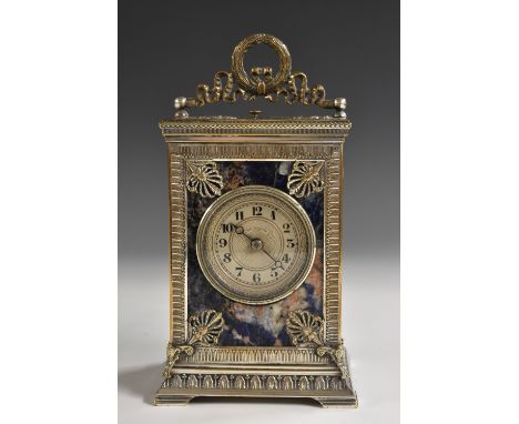 A fine and unusual lapis lazuli and silvered metal mounted repeating carriage clock, 4.5cm circular engine turned dial inscri