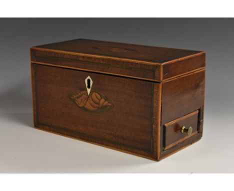 A George III Provincial mahogany rectangular box or caddy, inlaid with navette shaped shell paterae, hinged cover enclosing a