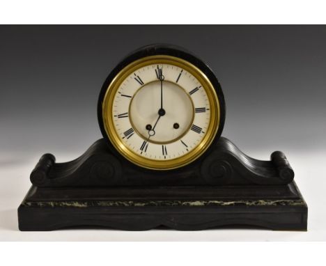 A 19th century specimen marble, black slate and ebonised drum mantel clock, 19cm white enamel chapter ring with Roman numeral