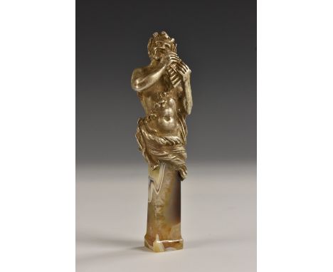 A 19th century French silver and agate desk seal, the grip boldly cast as three-quarter sculpture of Pan, the Greek god, abou