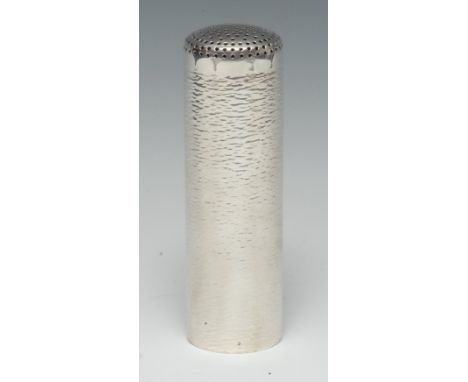 Stuart Devlin (1931 - 2018) - an Elizabeth II silver cylindrical sugar caster, domed pierced cover, bark textured, 15cm high,