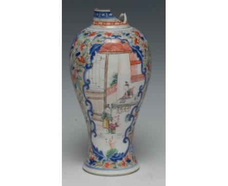 A Chinese baluster vase, decorated in polychrome with figures in interiors, within a blue scroll cartouche, the ground with f