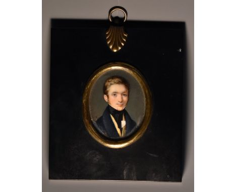 English School (19th century), a portrait miniature, of a young gentleman wearing a blue coat, yellow waistcoat and black sto