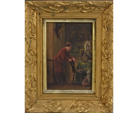 French School (19th century)The Dilettante oil on mahogany panel, 16cm x 10.5cm, ink manuscript label to verso 