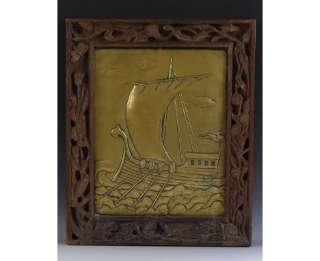 An Arts and Crafts brass rectangular panel, embossed with a longship sailing choppy seas, traces of planishing, contemporaneo