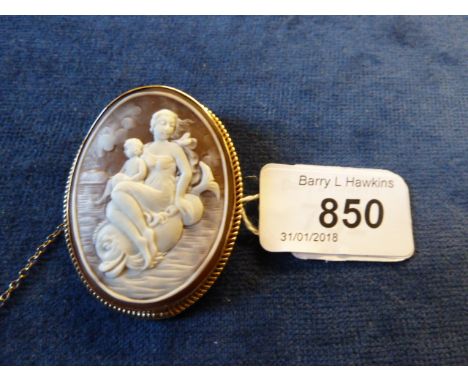 WOMAN AND CHILD CAMEO ON BIG FISH,HALLMARKED GOLD WITH SAFETY CHAIN