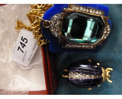 VINTAGE KENNETH J LANE PENDANT ON CHAIN,RHINESTONES ETC IN BOX TOGETHER WITH KJL BUG BROOCH