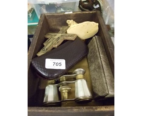 BOX OF SUNDRY ITEMS INC OPERA GLASSES,CIGARETTE CASE ETC