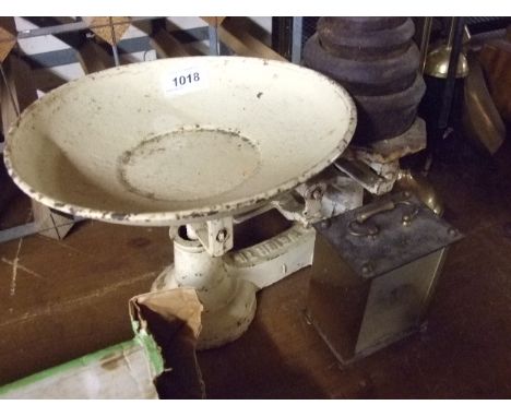 CAST IRON SCALES AND WEIGHTS AND CARRIAGE CLOCK