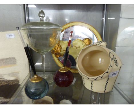 MODERN 'LADY' MIRROR,LIDDED GLASS PEDESTAL BOWL,SALT PIG AND 2 PEN HOLDERS