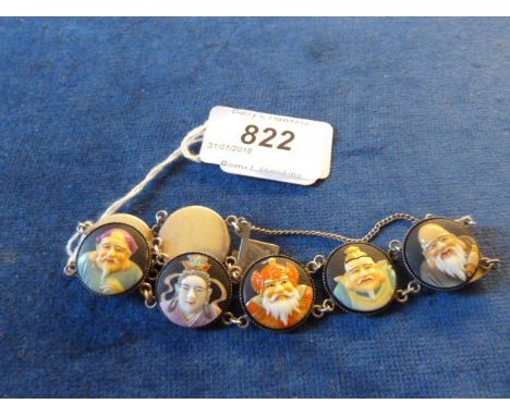 SILVER/PORCELAIN TOSHIKANE JAPAN BRACELET,7 GODS OF FORTUNE,SAFETY CHAIN
