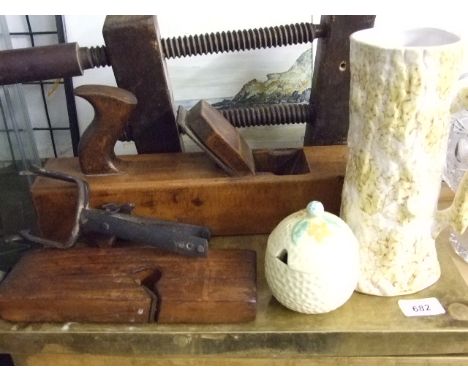 2 BRASS DRIP TRAYS,TRAP,WOODEN PLANE AND 2 OTHER WOODEN TOOLS PLUS JUG AND PRESERVE POT