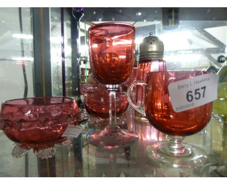 5 PIECES OF CRANBERRY GLASS AND WEDGWOOD? CANDLESTICK