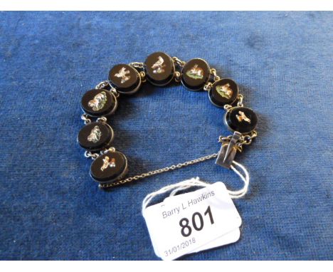 ANTIQUE CONTINENTAL SILVER MICRO MOSAIC BRACELET WITH SAFETY CHAIN 8 PANELS SHOWING BIRDS,RABBIT,DOGS