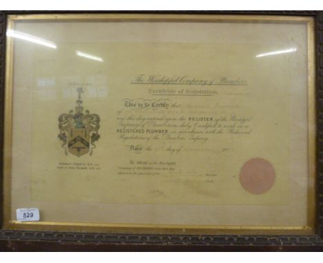 FRAMED AND GLAZED CERTIFICATE THE WORSHIPFUL COMPANY OF PLUMBERS AND FRAMED AND GLAZED RUSSELL FLINT PRINT