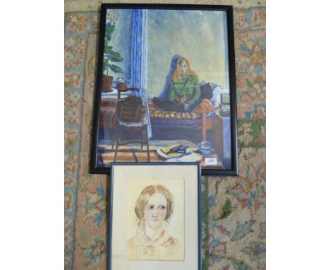 FRAMED AND GLAZED PICTURE OF GIRL SITTING ON BED PLUS FRAMED AND GLAZED PORTRAIT WATERCOLOUR OF YOUNG LADY 