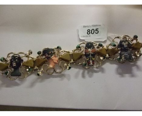 VERY RARE HOBE (USA) EGYPTIAN REVIVAL BRACELET WITH BAKELITE TRAINGLES & SAFETY CHAIN