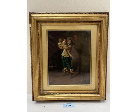 ATTRIB: JEAN LOUIS ERNST MEISSONIER. FRENCH 1815-1891 A cavalier drinking from a wine carafe. Signed initials. Oil on panel 7