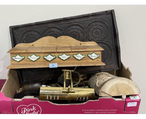 Box of various woodenware to include a carved tray, pine spice box and a barometer etc.