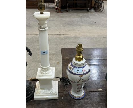 A marble columnar table lamp, 18" high and a ceramic example