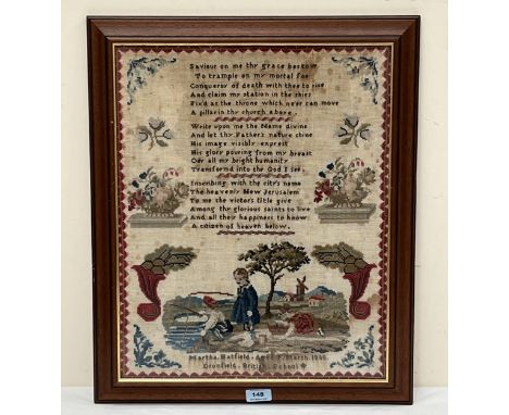 A Victorian needlework sampler, worked by Martha Hatfield, aged 9 years, March 1850, Dronfield British School (Derbyshire), d