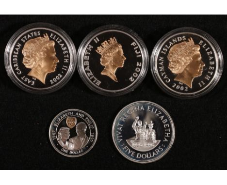 Fiji Elizabeth II (1952) 10 dollars 2002 silver proof with gold portrait; East Caribbean States Elizabeth II (1952) 10 dollar