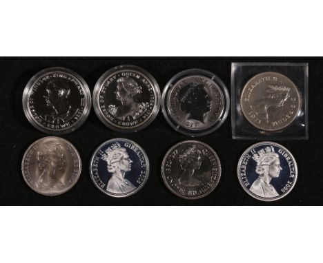 Gibralter Elizabeth II (1952) 25p 1977 KM#10, three crowns 1967 KM#4, 1993 silver proof KM#139a, 1993 silver proof KM#141a an