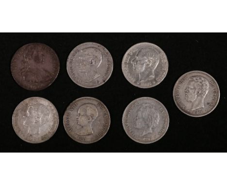 Spain six 5 pesetas 1871 SD-M KM#666, 1876 DE-M KM#671, 1885 MS-M KM#688, 1891 PG-M KM#689, 1893 PG-L KM#700 and 1898 SG-V KM